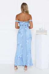 Lush Bloom Embroidered Off Shoulder Maxi Dress Blue